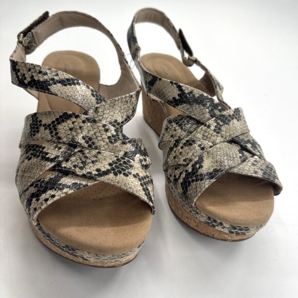 Clarks Snake Python Wedge Strappy Sandals Women's 12 Wide Annadel Mystic Natural - Picture 2 of 9